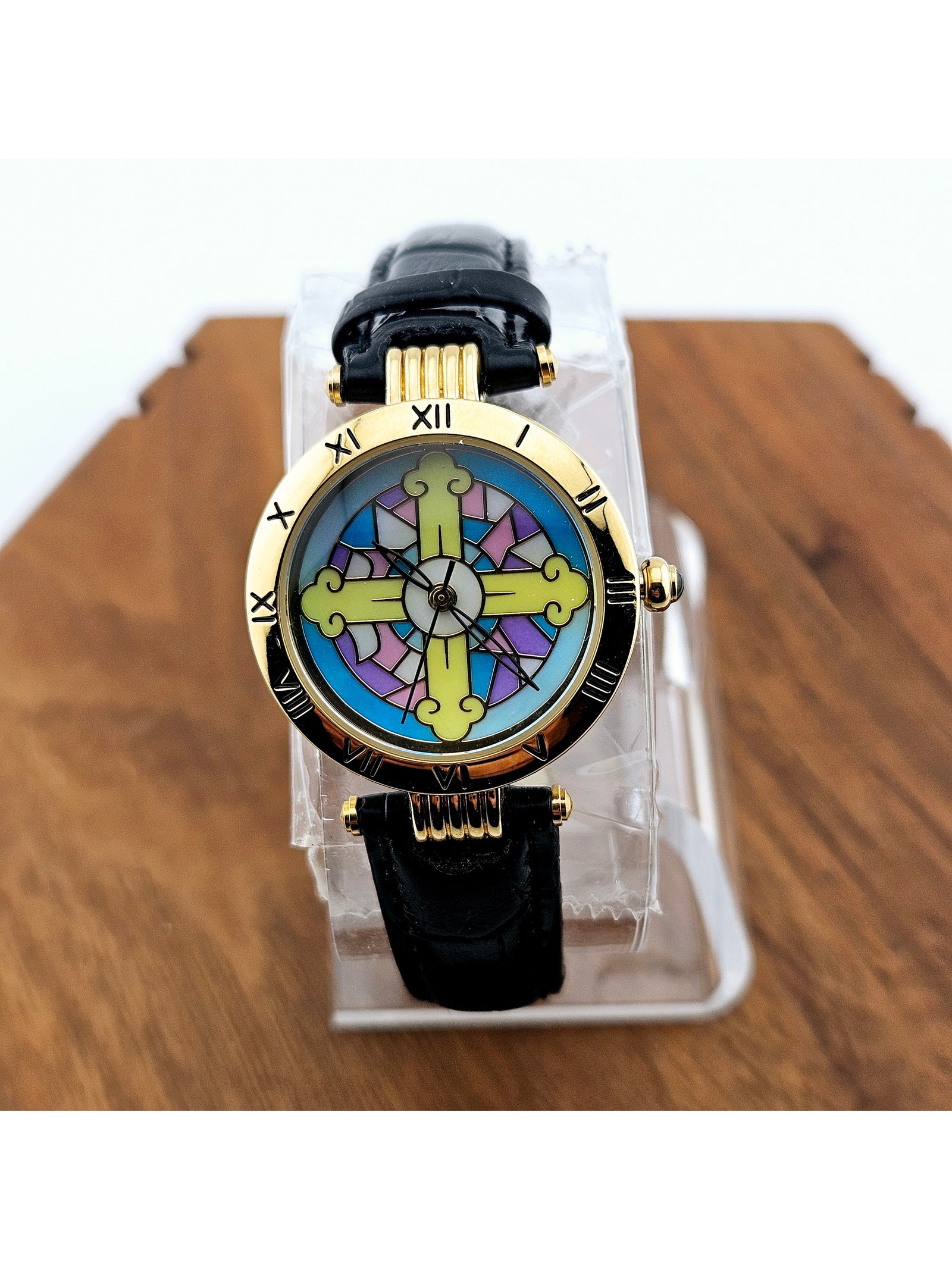 Stain Glasses Motif Dial Wrist Watch Black Band Gold Bezel Artsy Colorful Spring